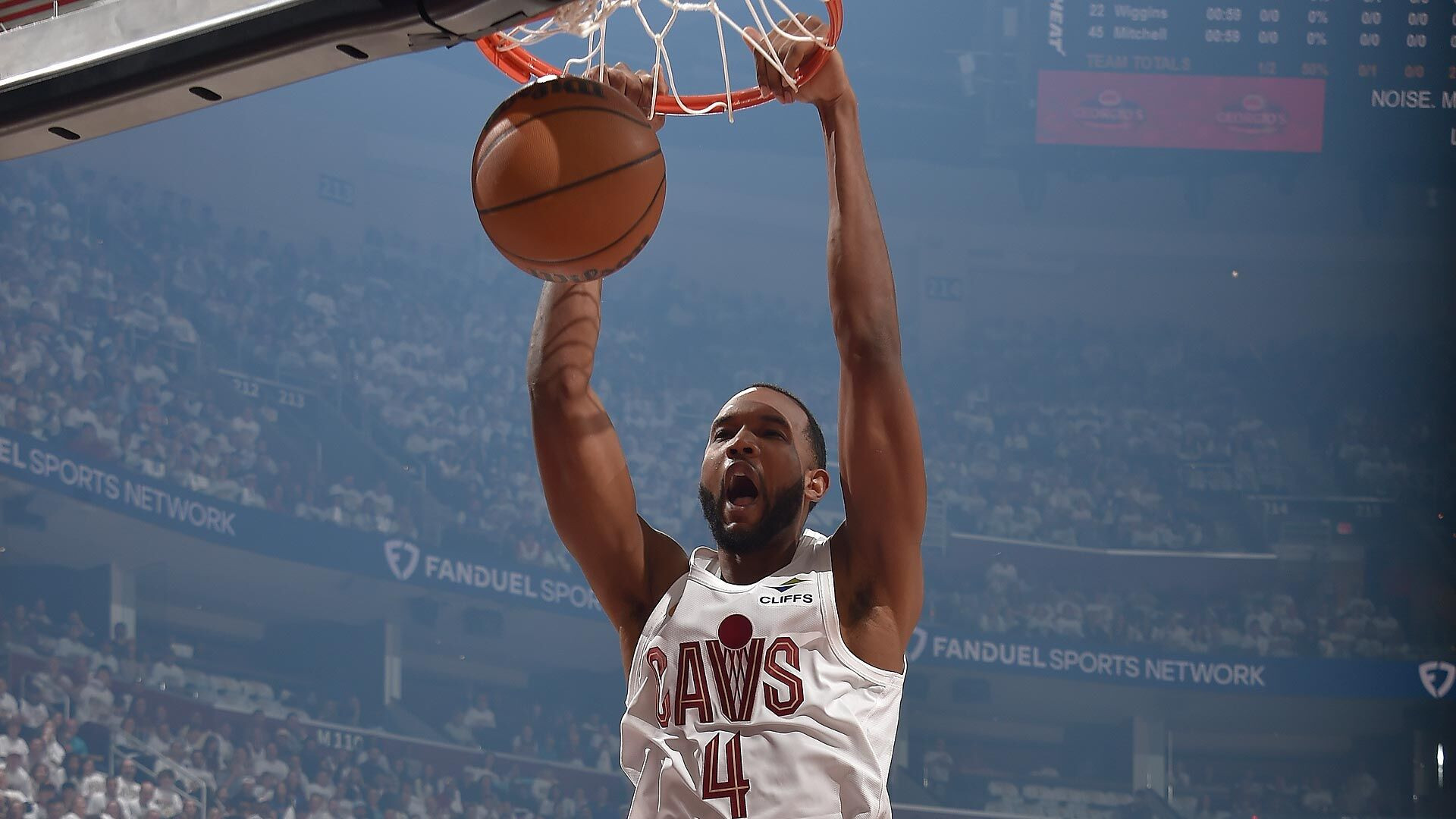 Evan Mobley #4 of the Cleveland Cavaliers dunks the ball Round One Game Two of the 2025 NBA Playoffs against the Miami Heat on April 23, 2025